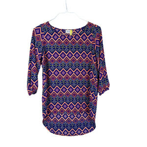 Blue‎ Tique Geometirc Print Half Sleeve Boat Neck Blouse High Low Size Small